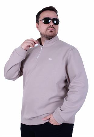 Erkek Büyük Beden Polo Yaka Fermuarlı Sweat Double Face LCST. 25710 BEJ