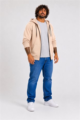 Starbattal Büyük Beden Unisex Kapüşonlu 3ip Sweat 11701 BEJ