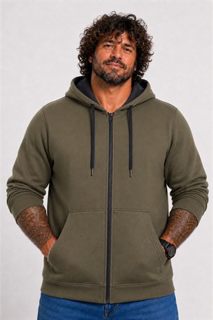 Starbattal Büyük Beden Unisex Kapüşonlu 3ip Sweat 11701 HAKI