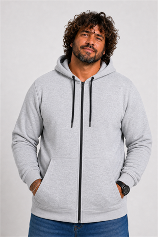 Starbattal Büyük Beden Unisex Kapüşonlu 3ip Sweat 11701 GRI MELANJ