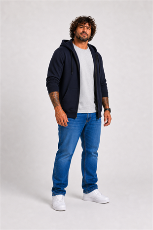 Starbattal Büyük Beden Unisex Kapüşonlu 3ip Sweat 11701 Koyu Lacivert
