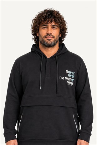 Starbattal Büyük Beden Kapüşonlu Sweat Double Face Never 25706 SIYAH