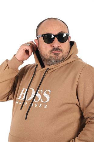 Erkek büyük beden kapşonlu HG BS sweatshirt S.KAHVE