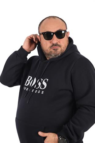 Erkek büyük beden kapşonlu HG BS sweatshirt LACIVERT
