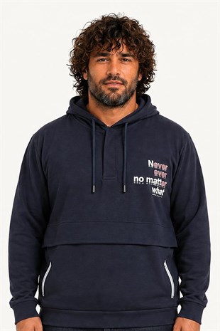 Starbattal Büyük Beden Kapüşonlu Sweat Double Face Never 25706 LACIVERT