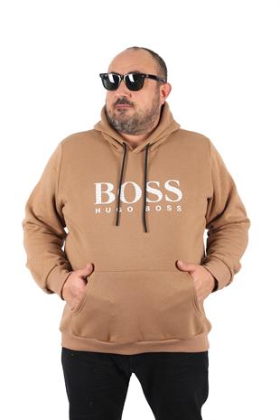 Erkek büyük beden kapşonlu HG BS sweatshirt S.KAHVE
