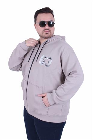 Starbattal Büyük Beden Kapüşonlu Sweat Double Face Sixty Three 25704 BEJ