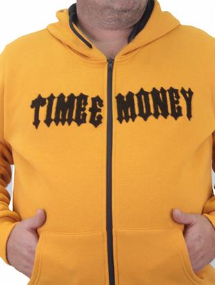 Starbattal Fermuarlı Kapuşonlu Büyük Beden Sweat Time Money 23218 HARDAL