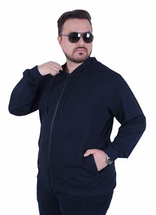 Starbattal Büyük Beden Basic Mevsimlik Fermuarlı Kapüşonlu Sweat 22751 LACIVERT