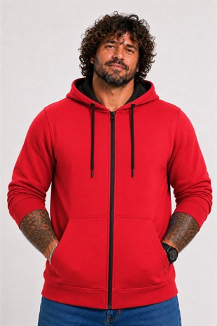 Starbattal Büyük Beden Unisex Kapüşonlu 3ip Sweat 11701 KIRMIZI