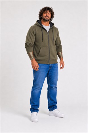 Starbattal Büyük Beden Unisex Kapüşonlu 3ip Sweat 11701 HAKI