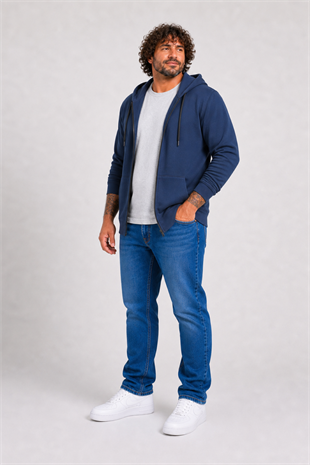 Starbattal Büyük Beden Basic Mevsimlik Fermuarlı Kapüşonlu Sweat 22751 INDIGO