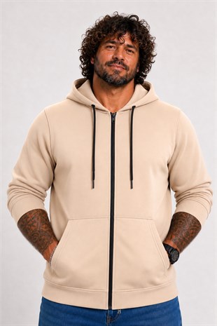 Starbattal Büyük Beden Unisex Kapüşonlu 3ip Sweat 11701 BEJ