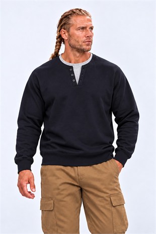 Starbattal Erkek Büyük Beden Henley Yaka Double Face Sweat 26707 LACIVERT