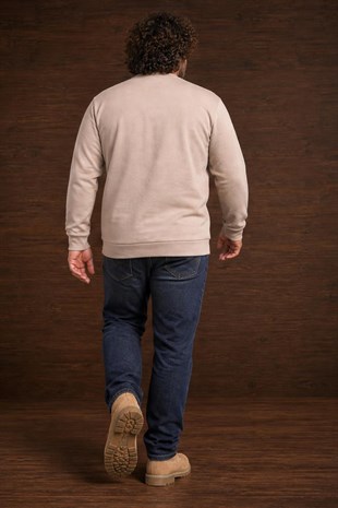 Starbattal Erkek Büyük Beden Sıfır Yaka 3ip Sweat Respect 24205 CAMEL