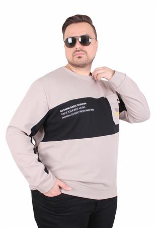 Starbattal Büyük Beden Bisiklet Yaka Cepli Sweat Double Face Pike 25702 BEJ