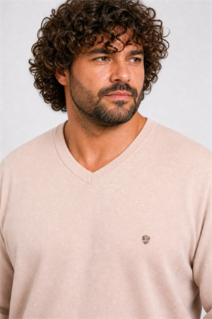 Starbattal Büyük Beden Selanik V Yaka Classic Sweat 23201 BEJ