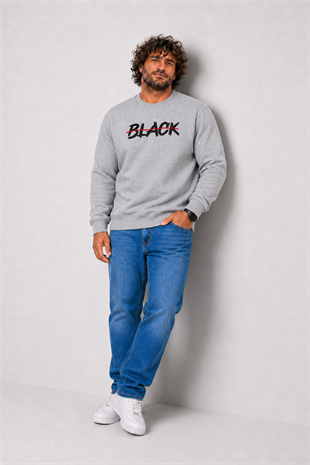 Starbattal Erkek Büyük Beden Sıfır Yaka 3ip Sweat Black 24202 GRI MELANJ
