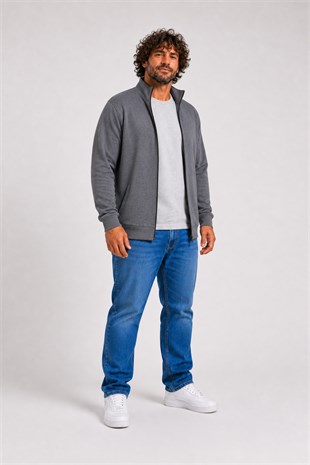 Starbattal Büyük Beden Basic Mevsimlik Fermuarlı Sweatshirt 22750 GRI MELANJ