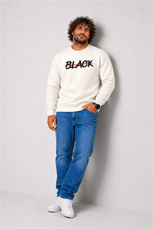 Starbattal Erkek Büyük Beden Sıfır Yaka 3ip Sweat Black 24202 EKRU