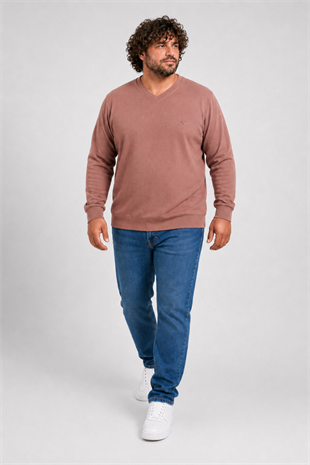Starbattal Büyük Beden Selanik V Yaka Classic Sweat 23201 TABA