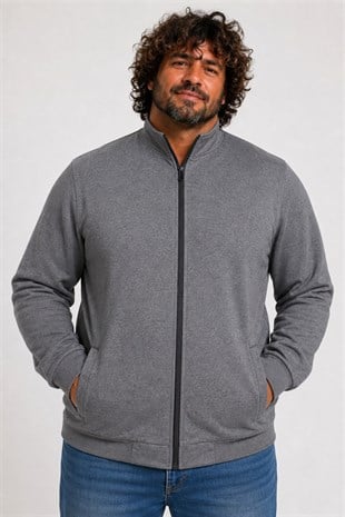 Starbattal Büyük Beden Basic Mevsimlik Fermuarlı Sweatshirt 22750 GRI MELANJ