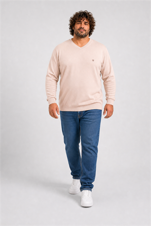 Starbattal Büyük Beden Selanik V Yaka Classic Sweat 23201 BEJ