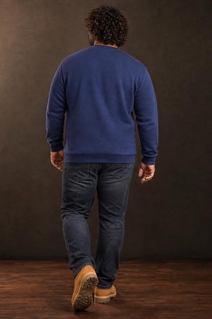 Starbattal Erkek Büyük Beden Sıfır Yaka 3ip Sweat Respect 24205 INDIGO