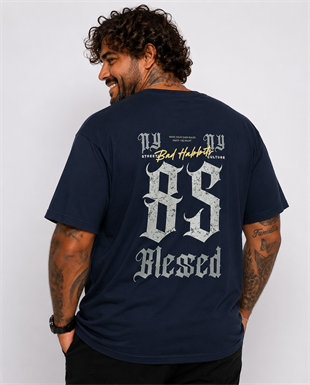 Starbattal Erkek Büyük Beden Sıfır Yaka Tişört Blessed 26147 LACIVERT
