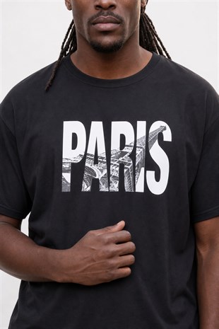 Starbattal Erkek Büyük Beden Sıfır Yaka Tişört Paris 25179 SIYAH