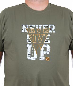 Starbattal Erkek Büyük Beden Sıfır Yaka Tişört Never Give Up 25182 HAKI