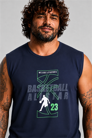 Starbattal Büyük Beden Baskılı Kolsuz Tişört Basketball 26123 LACIVERT