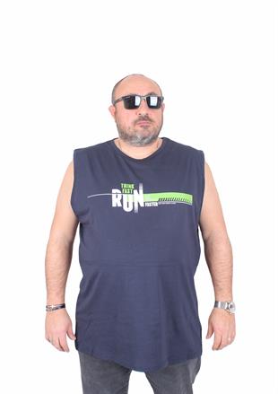 Starbattal Büyük Beden Baskılı Kolsuz Tişört Think Fast Run 25152 LACIVERT