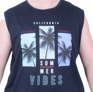 Starbattal Büyük Beden Baskılı Kolsuz Tişört Summer Vıbes 26125 LACIVERT