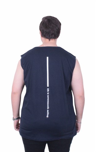 Starbattal Büyük Beden Baskılı Kolsuz Tişört Life is Never 26121 LACIVERT