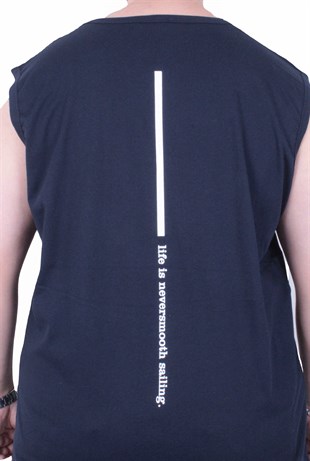 Starbattal Büyük Beden Baskılı Kolsuz Tişört Life is Never 26121 LACIVERT