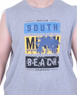Starbattal Büyük Beden Baskılı Kolsuz Tişört Miami Beach 26126 GRI MELANJ