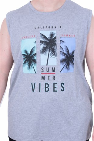 Starbattal Büyük Beden Baskılı Kolsuz Tişört Summer Vıbes 26125 GRI MELANJ