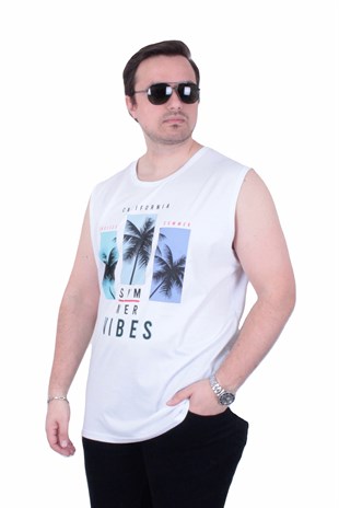 Starbattal Büyük Beden Baskılı Kolsuz Tişört Summer Vıbes 26125 BEYAZ