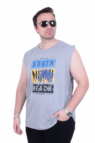 Starbattal Büyük Beden Baskılı Kolsuz Tişört Miami Beach 26126 GRI MELANJ