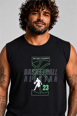 Starbattal Büyük Beden Baskılı Kolsuz Tişört Basketball 26123 SIYAH