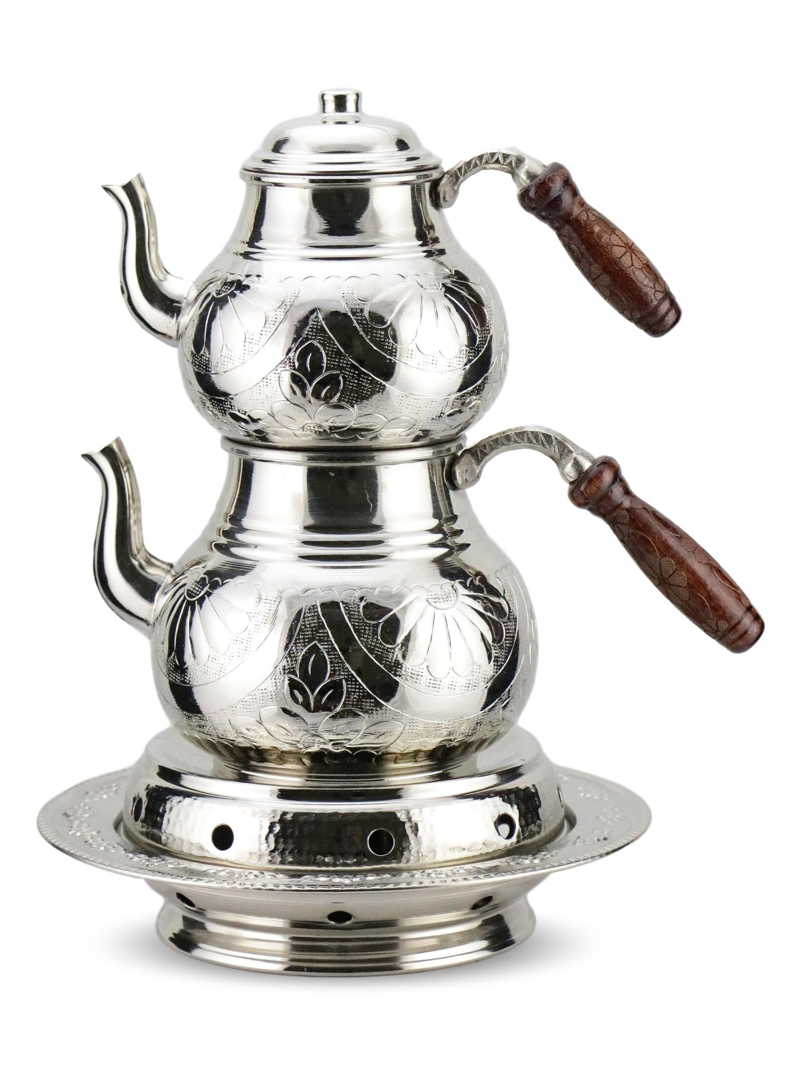 1 mm Kalın Bakır Aile Boyu İşlemeli Bakır Çaydanlık ve Osmanlı Ocağı 