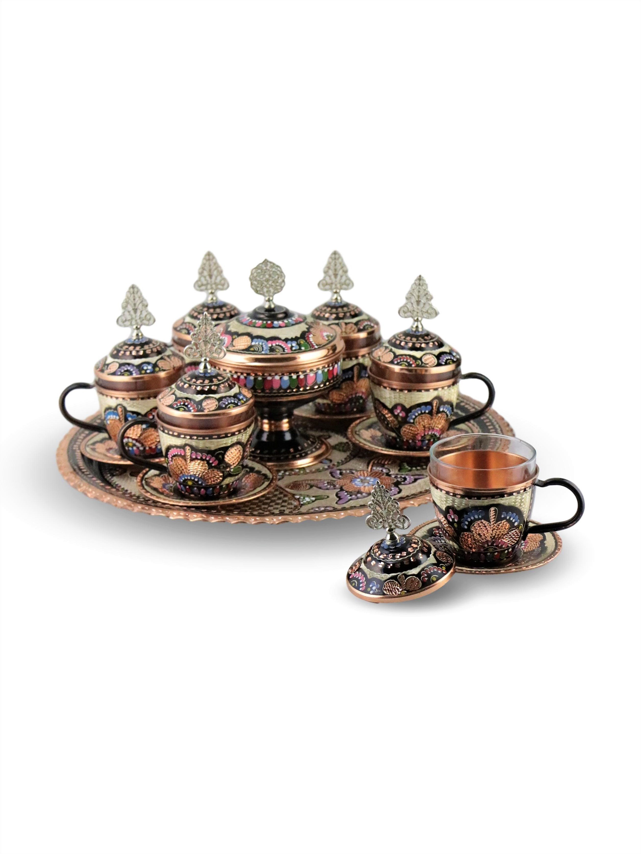 Gül Çiçek Bakır Çay ve Neskafe Takımı