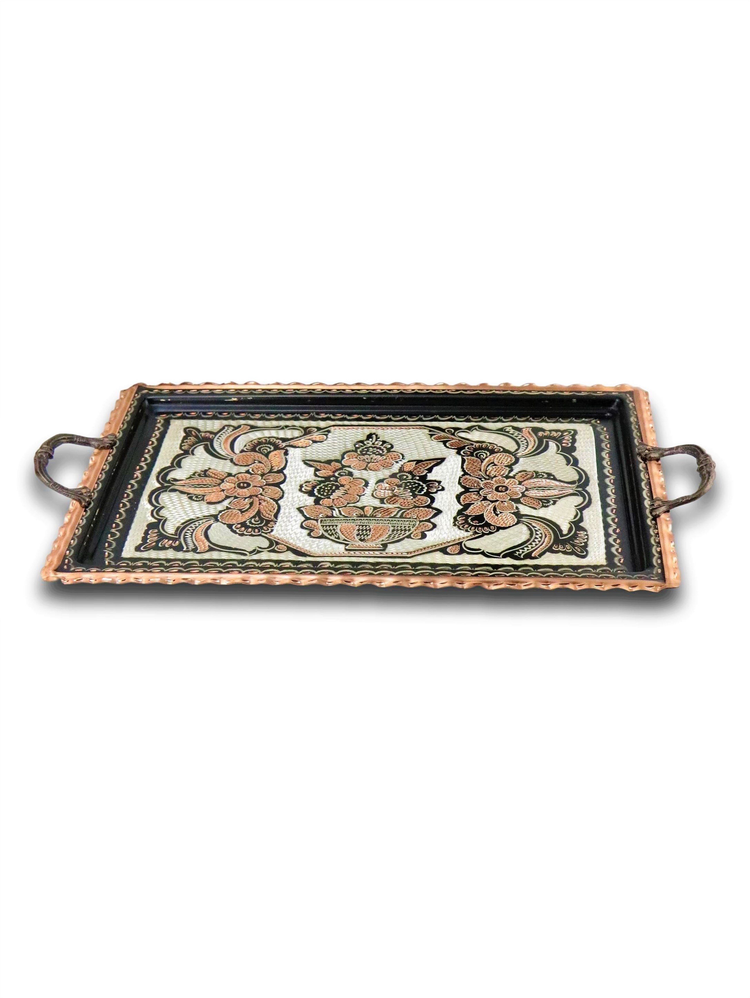 Gül Çiçek Dikdörtgen Bakır Tepsi