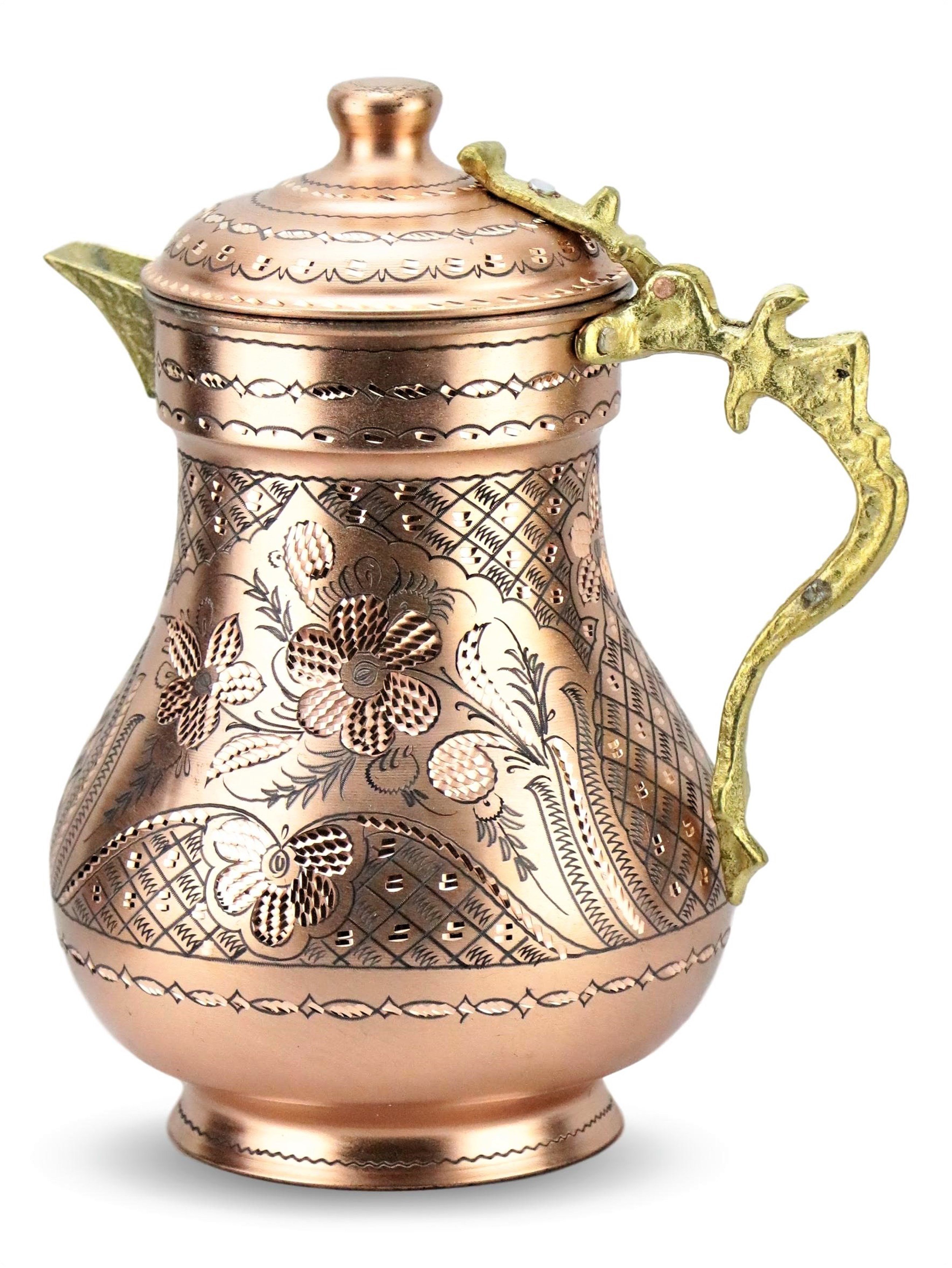 Gül Çiçek Kapaklı  Eskitme İşlemeli Bakır Sürahi