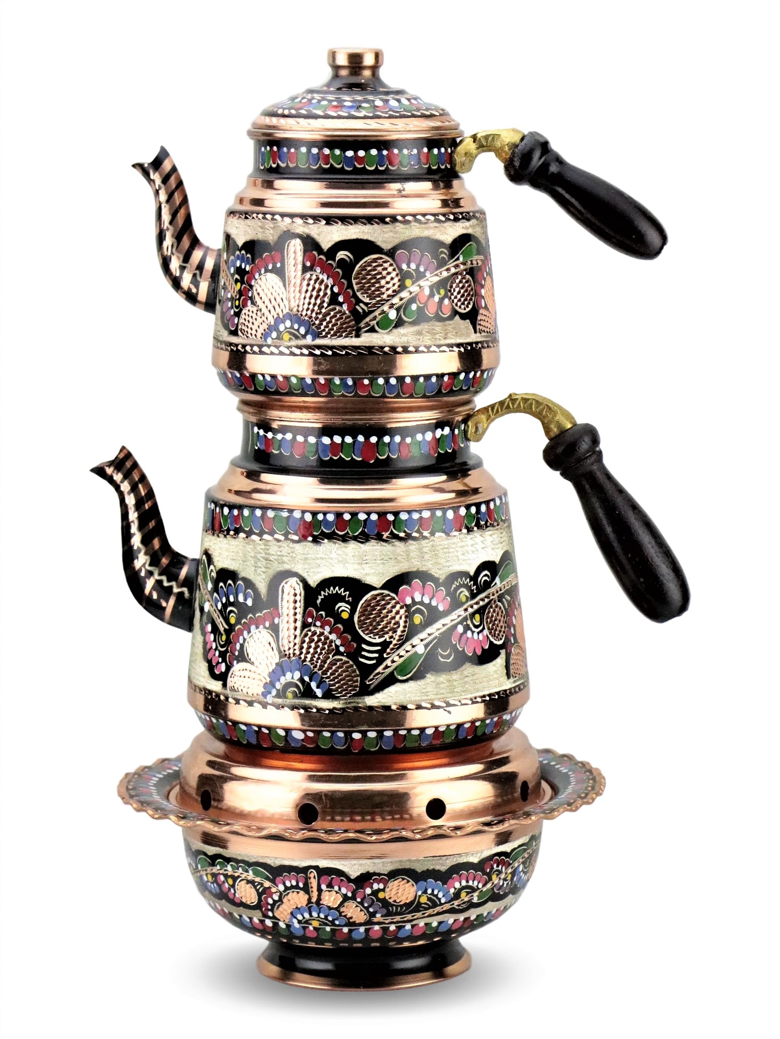 Bakır ÇaydanlıkSonay BakırcılıkGül Çiçek Klasik Minik Bakır Çaydanlık ve Osmanlı Ocağı 