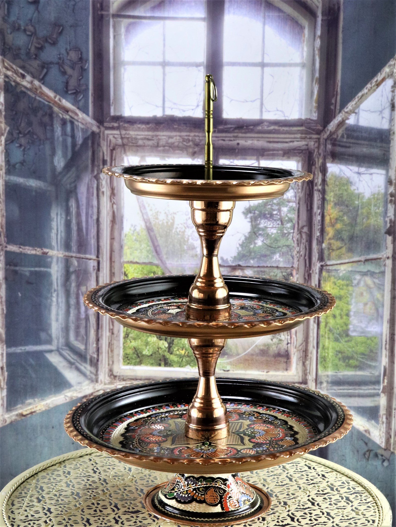 Dekoratif BakırSonay BakırcılıkGül Çiçek Üç Katlı Bakır Meyvelik