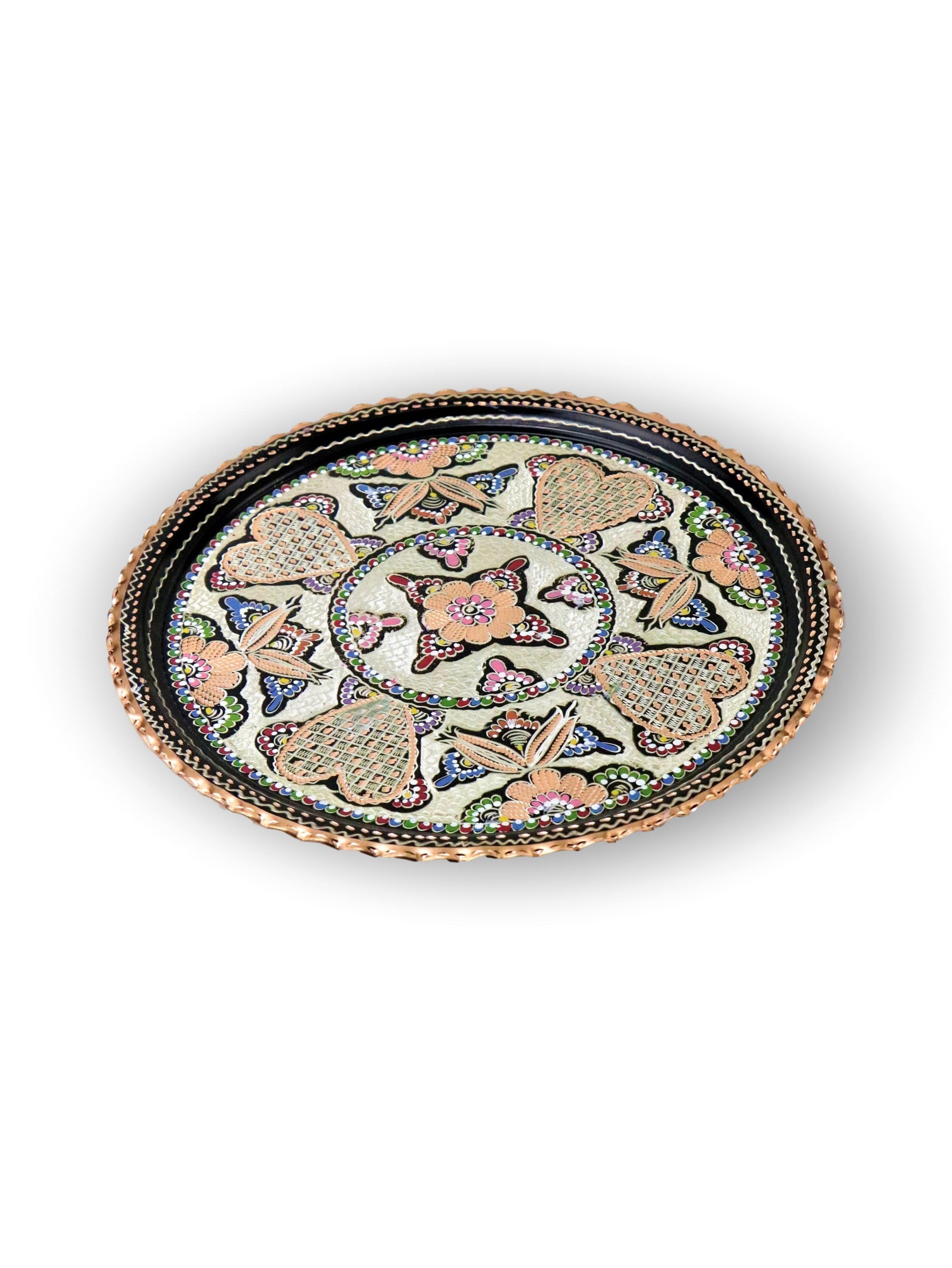 Gül Çiçek Yuvarlak Bakır Tepsi