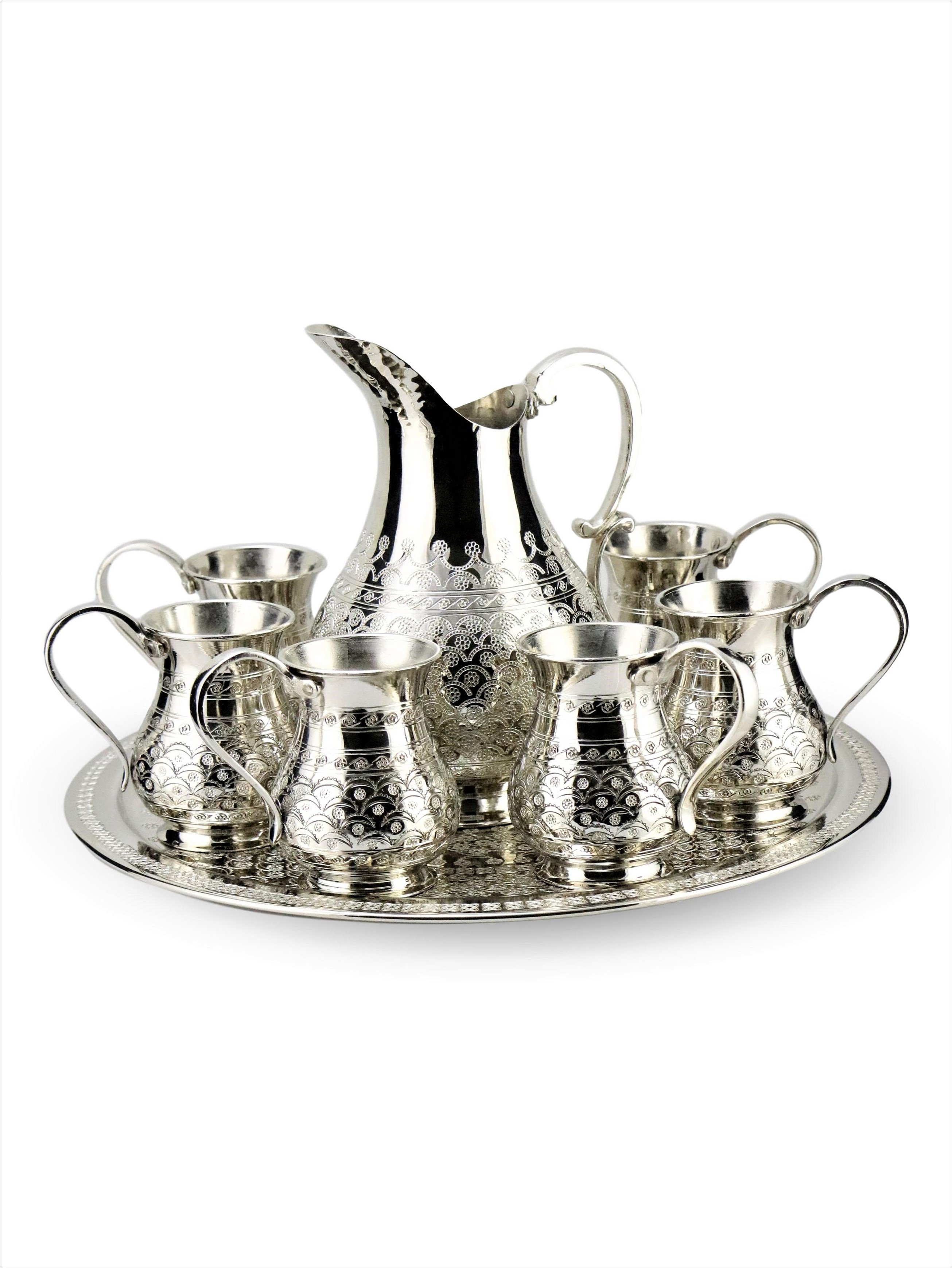 Bakır Sürahi ve MaşrabaSonay BakırcılıkKalın Çiçek İşlemeli Bakır Ayran Takımı