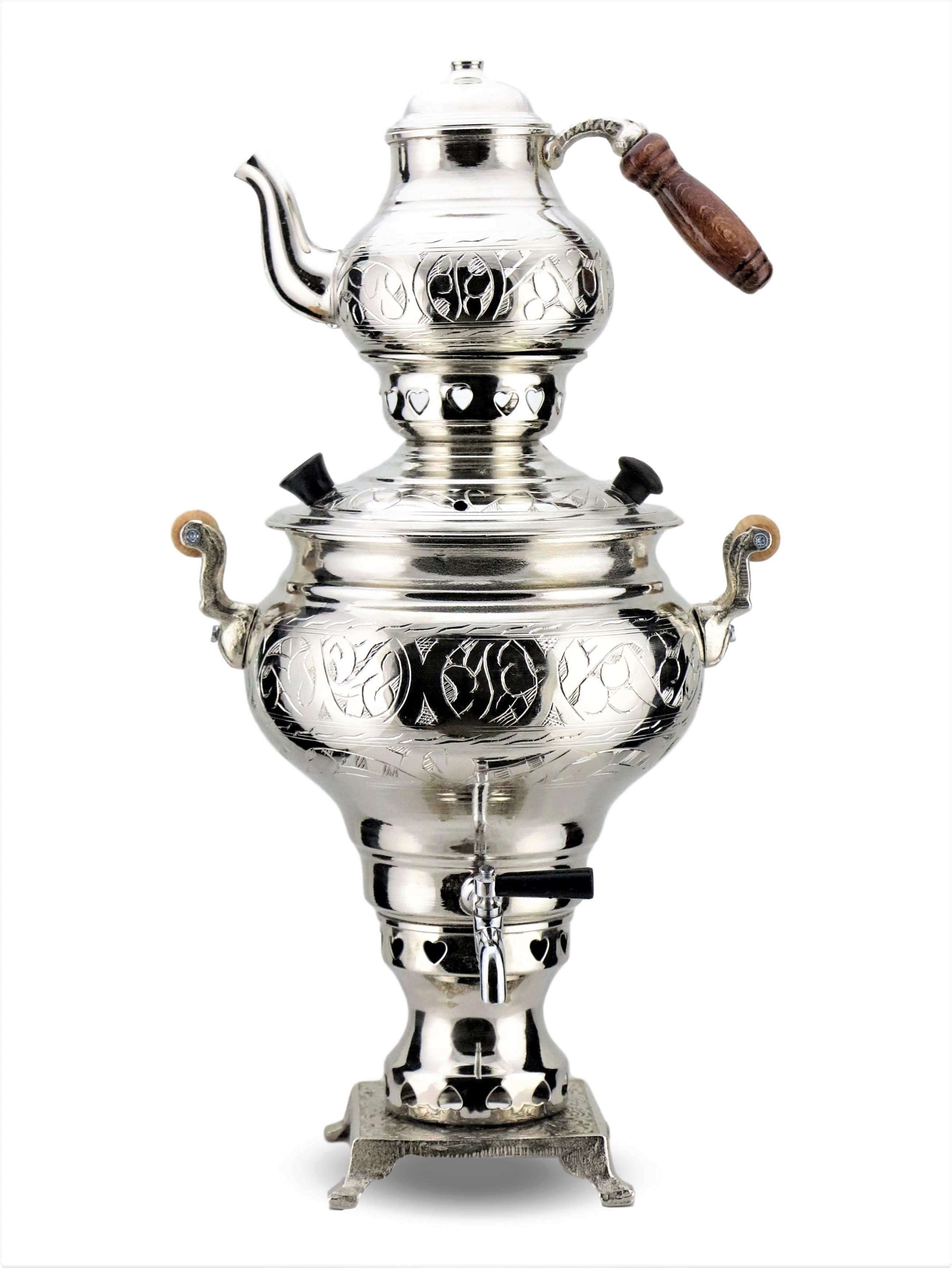 Keski İşlemeli Kömürlü Bakır Semaver 3 Lt 